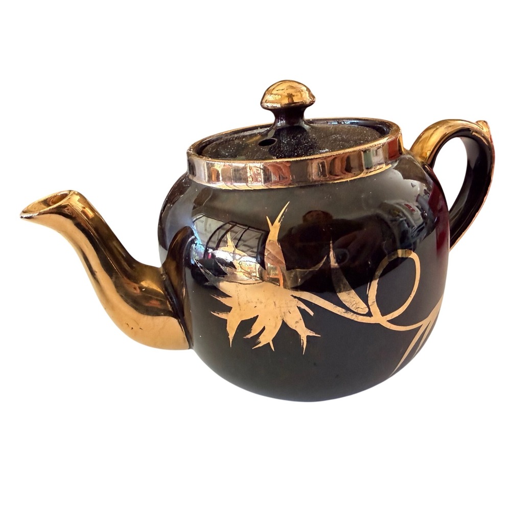 Hall Teapot Small Brown 22k Gold Floral Trim MCM Hollywood Regency 3439A